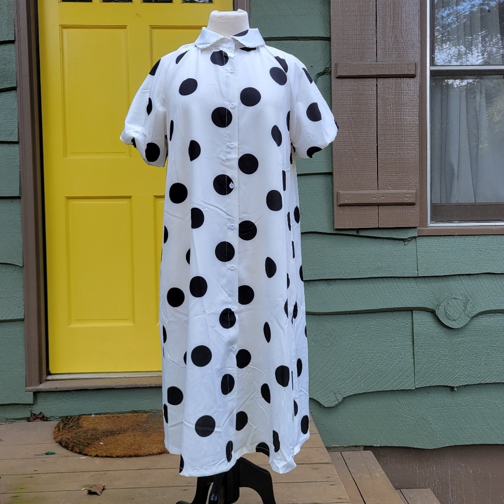 IngDiarr Black & White Polka Dot Button-Front Midi Dress Sz M